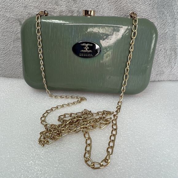 ESBEDA Green Sage‎ Hard Clutch Purse Gold Chain Strap Jewel Clasp Closure Party - Picture 1 of 14